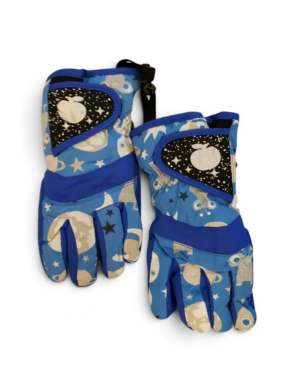 Children's sm blue winter ski gloves feature a playful cartoon monster print.